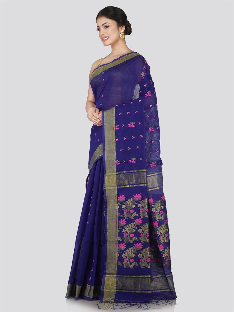 PinkLoom Women's Blue Hand_Woven Cotton_Silk Saree With Blouse