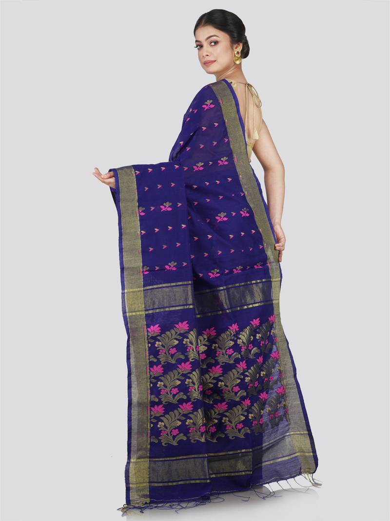 PinkLoom Women's Blue Hand_Woven Cotton_Silk Saree With Blouse