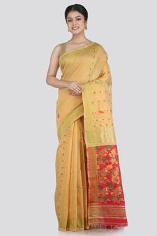 PinkLoom Women's Beige Hand_Woven Cotton_Silk Saree With Blouse