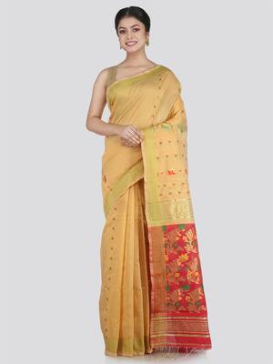 PinkLoom Women's Beige Hand_Woven Cotton_Silk Saree With Blouse 1