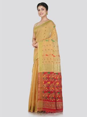 PinkLoom Women's Beige Hand_Woven Cotton_Silk Saree With Blouse 2