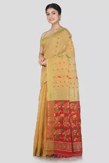 PinkLoom Women's Beige Hand_Woven Cotton_Silk Saree With Blouse