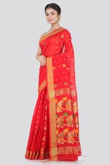 PinkLoom Women's Orange Hand_Woven Cotton_Silk Saree With Blouse