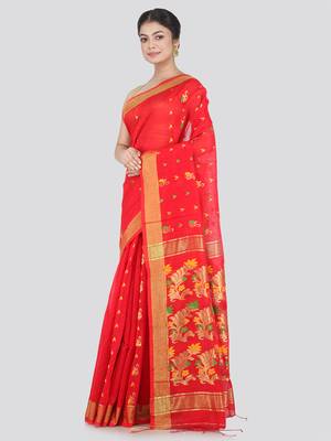 PinkLoom Women's Orange Hand_Woven Cotton_Silk Saree With Blouse 1