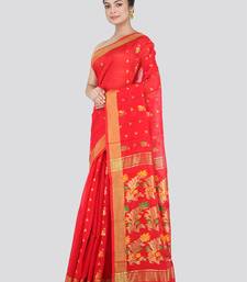 PinkLoom Women's Orange Hand_Woven Cotton_Silk Saree With Blouse