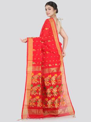 PinkLoom Women's Orange Hand_Woven Cotton_Silk Saree With Blouse 2