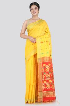 PinkLoom Women's Yellow Hand_Woven Cotton_Silk Saree With Blouse