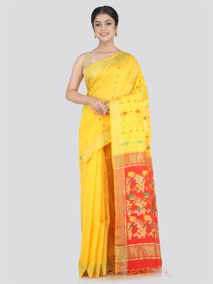 PinkLoom Women's Yellow Hand_Woven Cotton_Silk Saree With Blouse 1