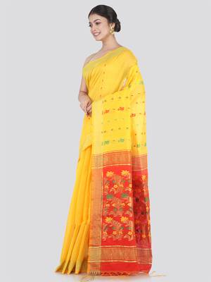 PinkLoom Women's Yellow Hand_Woven Cotton_Silk Saree With Blouse 2