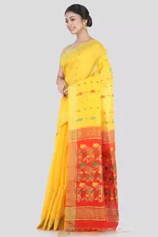 PinkLoom Women's Yellow Hand_Woven Cotton_Silk Saree With Blouse