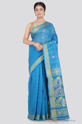 PinkLoom Women's Blue Hand_Woven Cotton_Silk Saree With Blouse