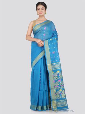 PinkLoom Women's Blue Hand_Woven Cotton_Silk Saree With Blouse 1