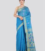 PinkLoom Women's Blue Hand_Woven Cotton_Silk Saree With Blouse