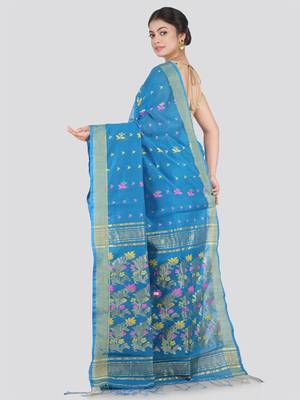 PinkLoom Women's Blue Hand_Woven Cotton_Silk Saree With Blouse 2
