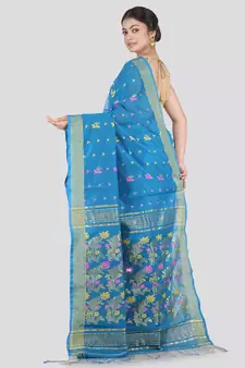 PinkLoom Women's Blue Hand_Woven Cotton_Silk Saree With Blouse