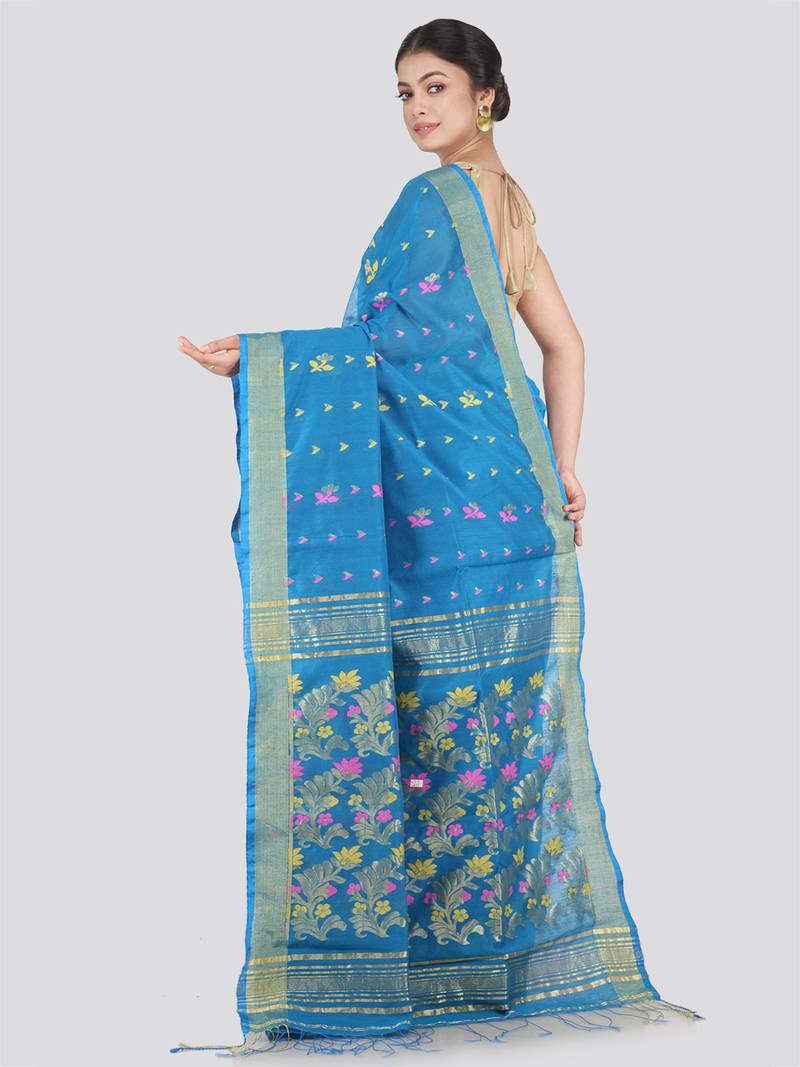 PinkLoom Women's Blue Hand_Woven Cotton_Silk Saree With Blouse