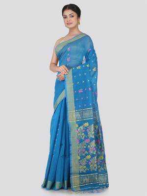 PinkLoom Women's Blue Hand_Woven Cotton_Silk Saree With Blouse 3