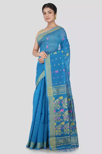 PinkLoom Women's Blue Hand_Woven Cotton_Silk Saree With Blouse
