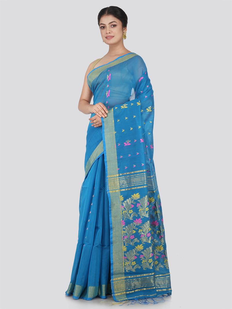 PinkLoom Women's Blue Hand_Woven Cotton_Silk Saree With Blouse