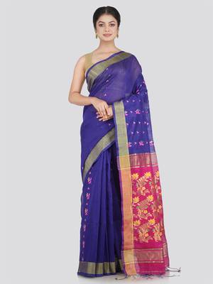 PinkLoom Women's Blue Hand_Woven Cotton_Silk Saree With Blouse 1