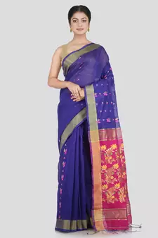 PinkLoom Women's Blue Hand_Woven Cotton_Silk Saree With Blouse