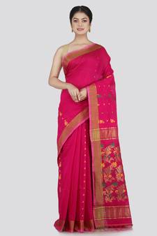 PinkLoom Women's Pink Hand_Woven Cotton_Silk Saree With Blouse