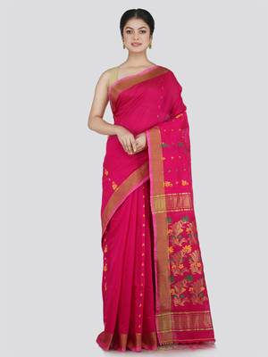 PinkLoom Women's Pink Hand_Woven Cotton_Silk Saree With Blouse 1