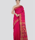 PinkLoom Women's Pink Hand_Woven Cotton_Silk Saree With Blouse