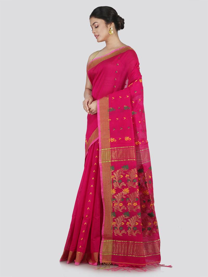 PinkLoom Women's Pink Hand_Woven Cotton_Silk Saree With Blouse