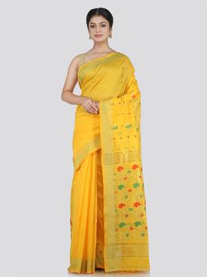 PinkLoom Women's Yellow Hand_Woven Cotton_Silk Saree With Blouse 1