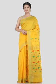 PinkLoom Women's Yellow Hand_Woven Cotton_Silk Saree With Blouse