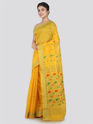 PinkLoom Women's Yellow Hand_Woven Cotton_Silk Saree With Blouse 2