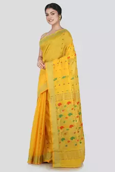 PinkLoom Women's Yellow Hand_Woven Cotton_Silk Saree With Blouse