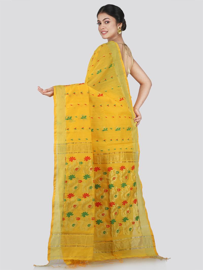 PinkLoom Women's Yellow Hand_Woven Cotton_Silk Saree With Blouse