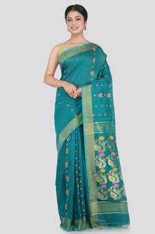 PinkLoom Women's Green Hand_Woven Cotton_Silk Saree With Blouse