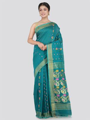 PinkLoom Women's Green Hand_Woven Cotton_Silk Saree With Blouse 1