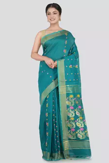 PinkLoom Women's Green Hand_Woven Cotton_Silk Saree With Blouse