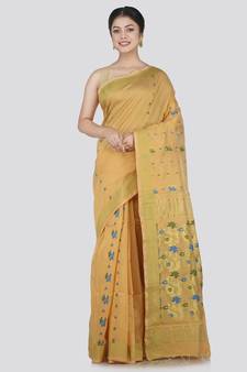 PinkLoom Women's Beige Hand_Woven Cotton_Silk Saree With Blouse