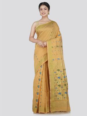 PinkLoom Women's Beige Hand_Woven Cotton_Silk Saree With Blouse 1
