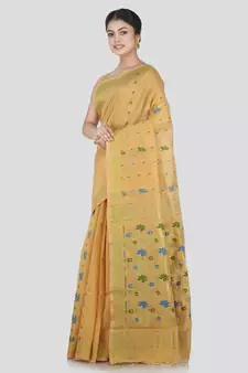 PinkLoom Women's Beige Hand_Woven Cotton_Silk Saree With Blouse