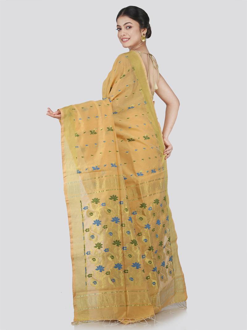 PinkLoom Women's Beige Hand_Woven Cotton_Silk Saree With Blouse
