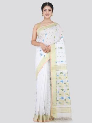 PinkLoom Women's White Hand_Woven Cotton_Silk Saree With Blouse 1