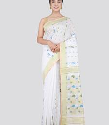 PinkLoom Women's White Hand_Woven Cotton_Silk Saree With Blouse