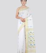 PinkLoom Women's White Hand_Woven Cotton_Silk Saree With Blouse
