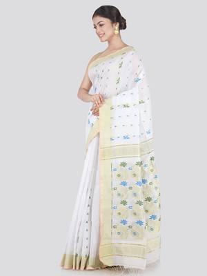 PinkLoom Women's White Hand_Woven Cotton_Silk Saree With Blouse 2