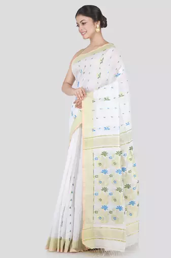 PinkLoom Women's White Hand_Woven Cotton_Silk Saree With Blouse