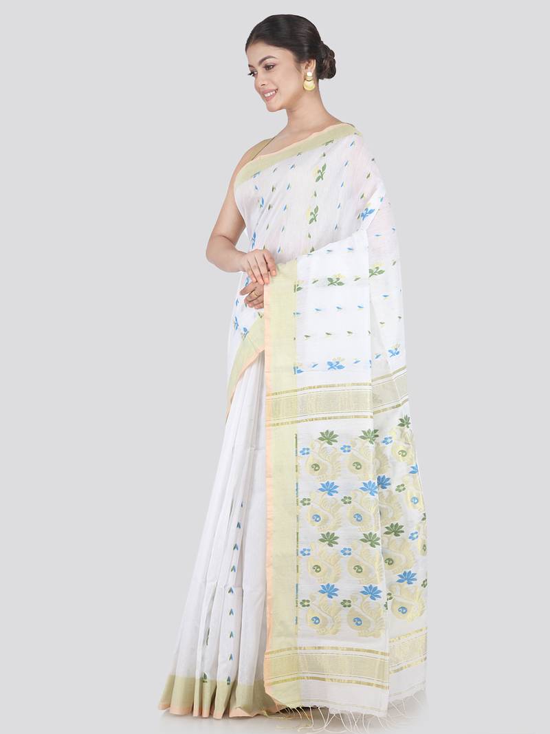 PinkLoom Women's White Hand_Woven Cotton_Silk Saree With Blouse