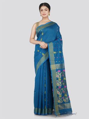 PinkLoom Women's Blue Hand_Woven Cotton_Silk Saree With Blouse 2