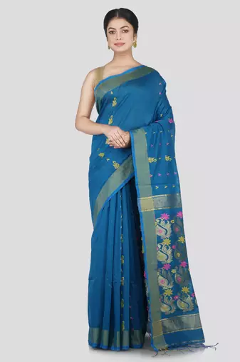 PinkLoom Women's Blue Hand_Woven Cotton_Silk Saree With Blouse