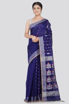 PinkLoom Women's Navy Blue Hand_Woven Cotton_Silk Saree With Blouse